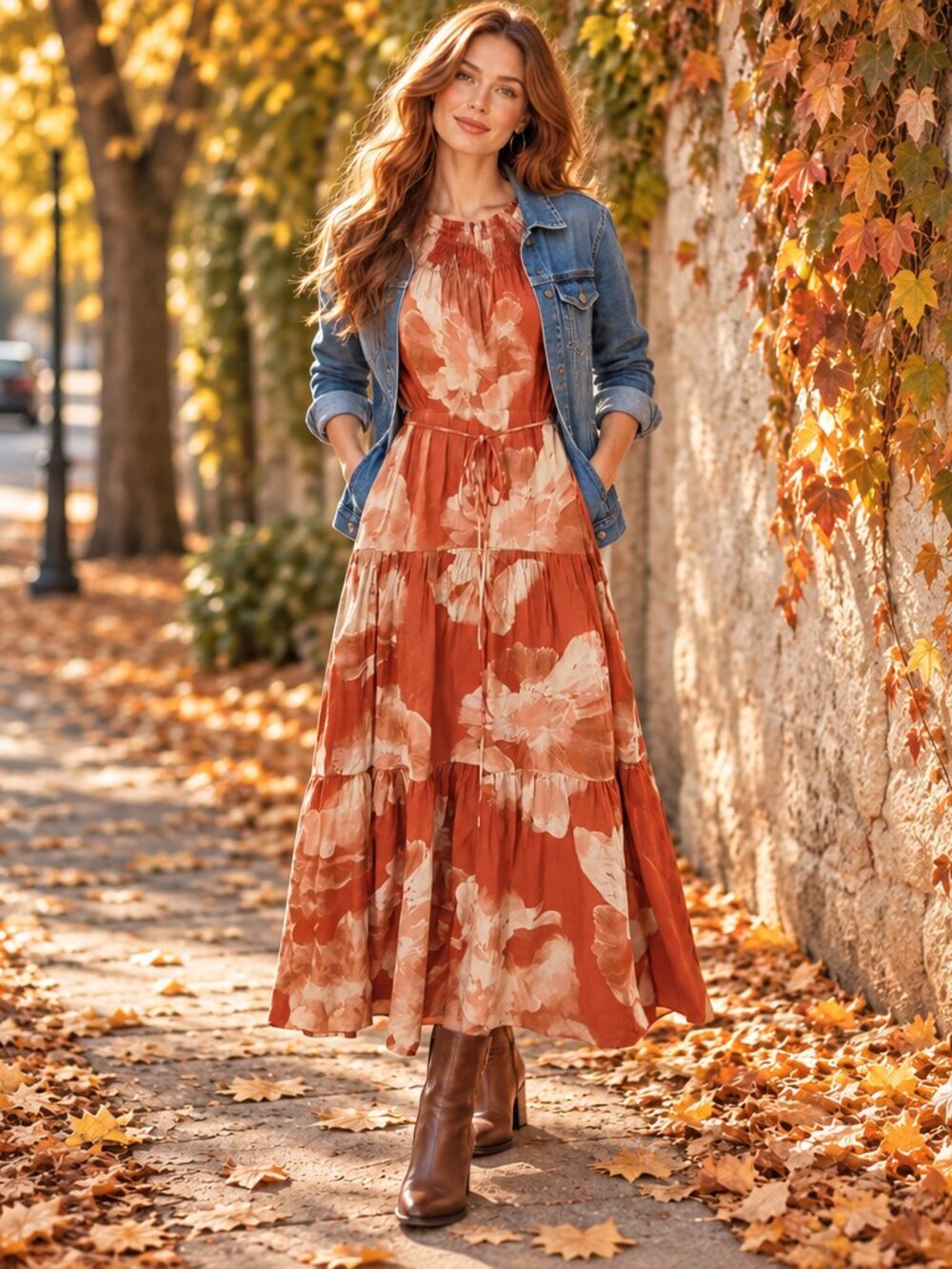 Simply Vera Vera Wang Tiered Maxi Dress M Rust Floral Boho Fall
